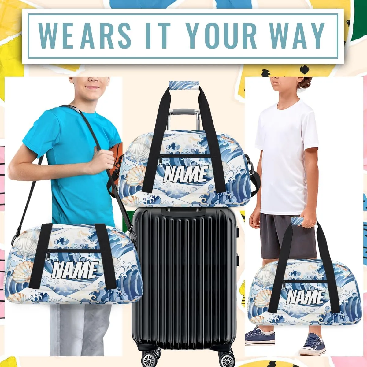 Personalized Custom Gym Bag for Women Men Carry on Ocean Shell Travel Duffel Tote Blue Ocean Overnight Workout Weekender Bag