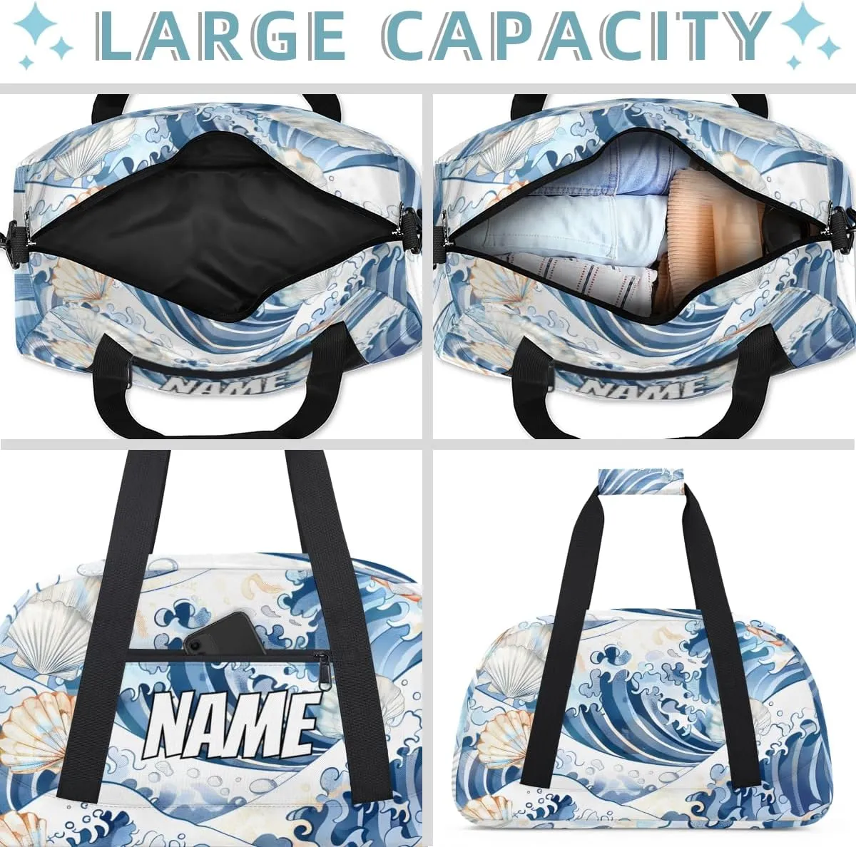 Personalized Custom Gym Bag for Women Men Carry on Ocean Shell Travel Duffel Tote Blue Ocean Overnight Workout Weekender Bag