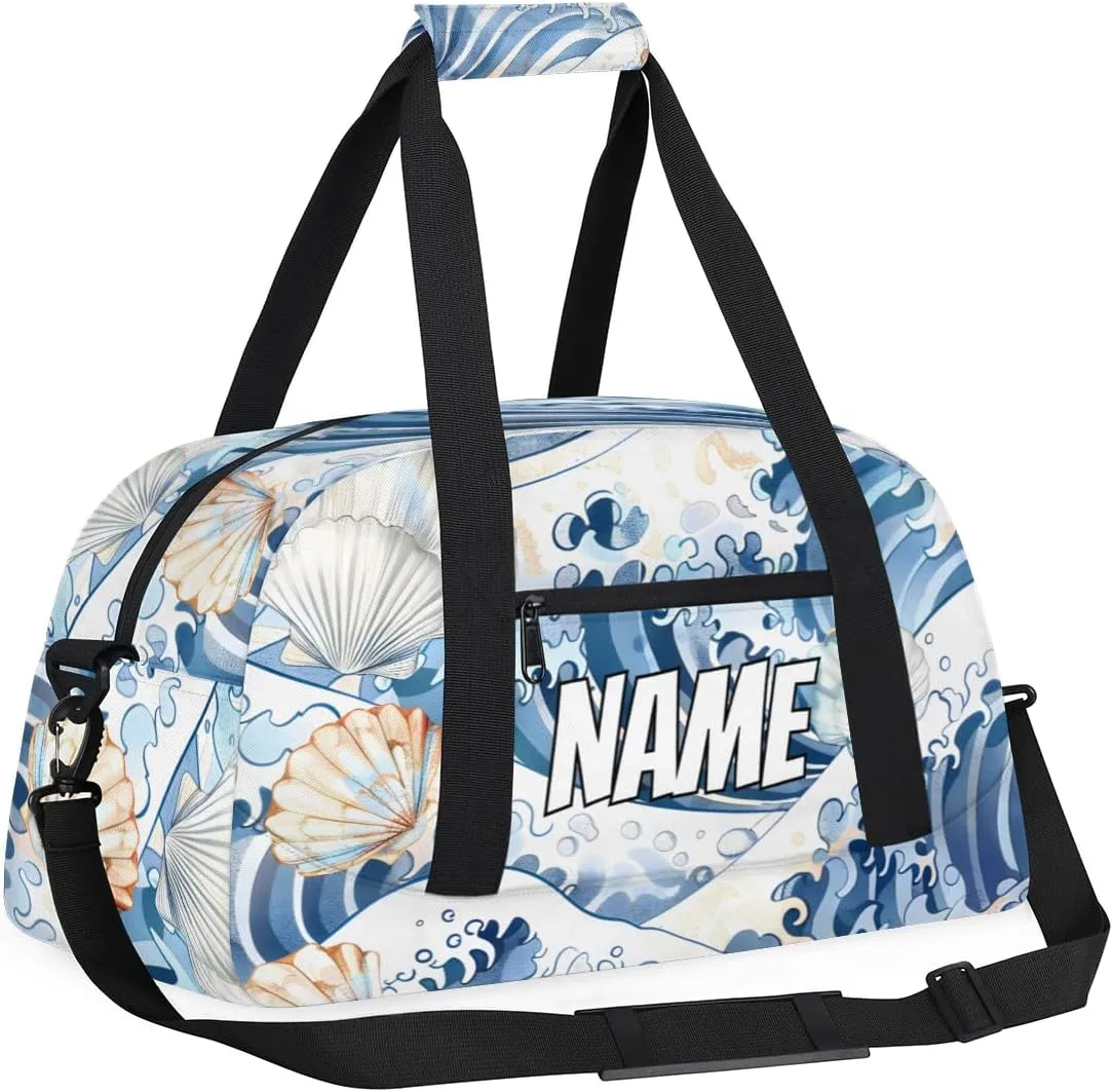 Personalized Custom Gym Bag for Women Men Carry on Ocean Shell Travel Duffel Tote Blue Ocean Overnight Workout Weekender Bag