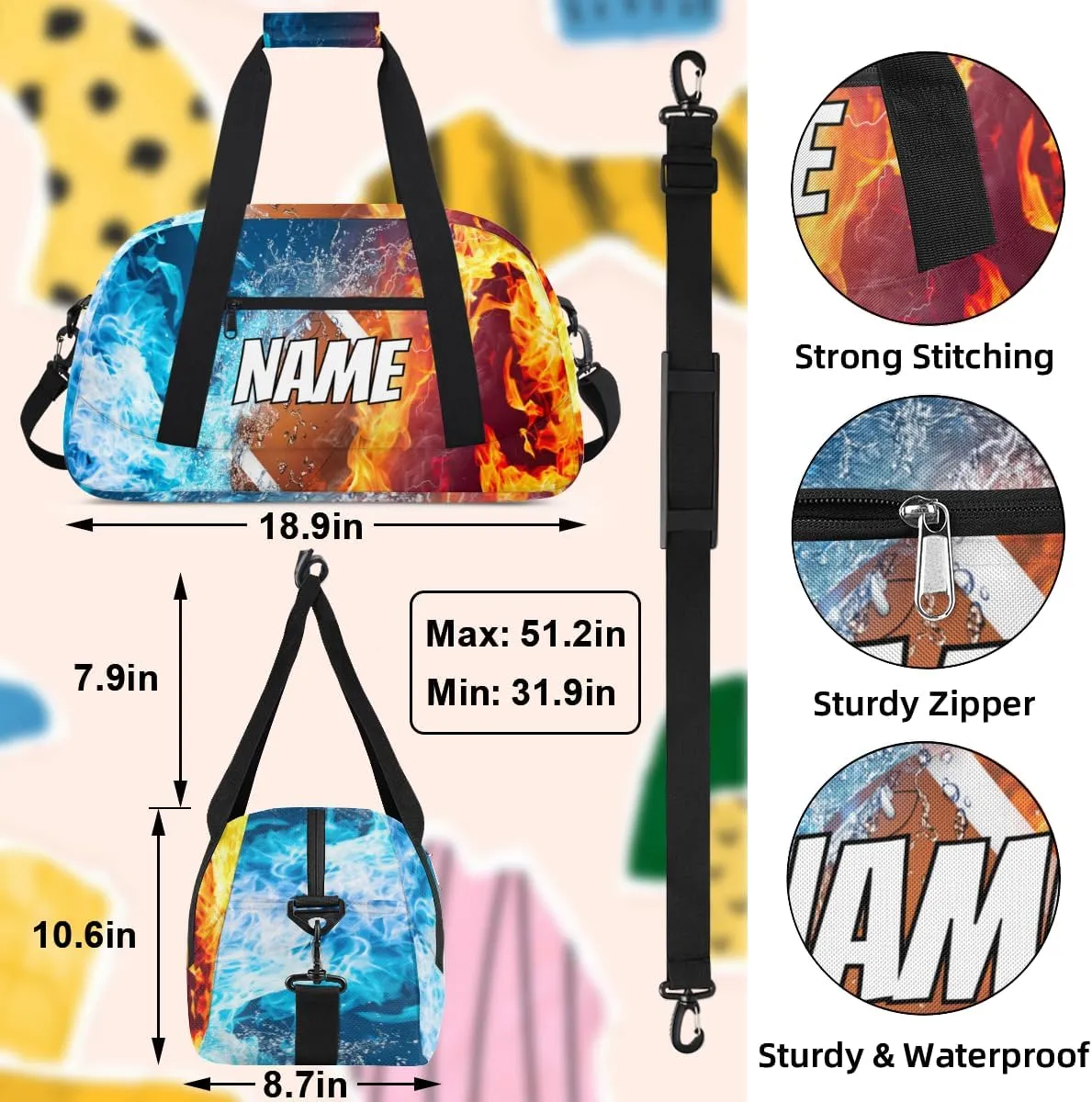 Personalized Custom Gym Bag for Women Men Carry on Rugby Ball Travel Duffel Tote Sport Ball Overnight Workout Weekender Bag