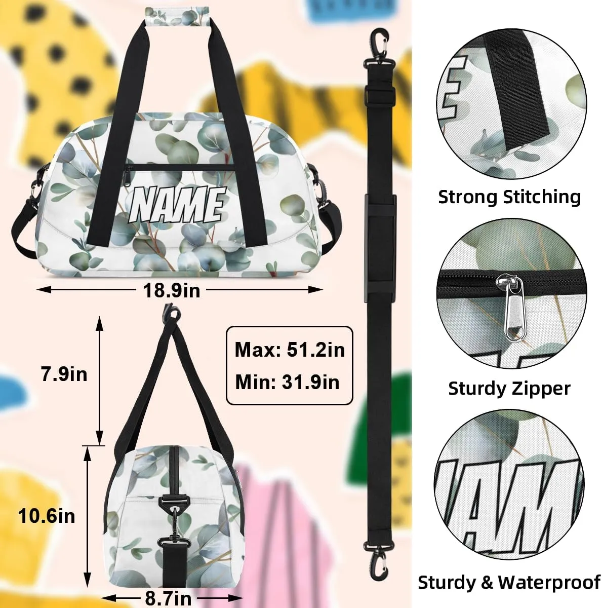 Personalized Custom Gym Bag for Women Men Carry on Sage Green Eucalyptus Travel Duffel Tote Summer Leaves Overnight Workout Weekender Bag