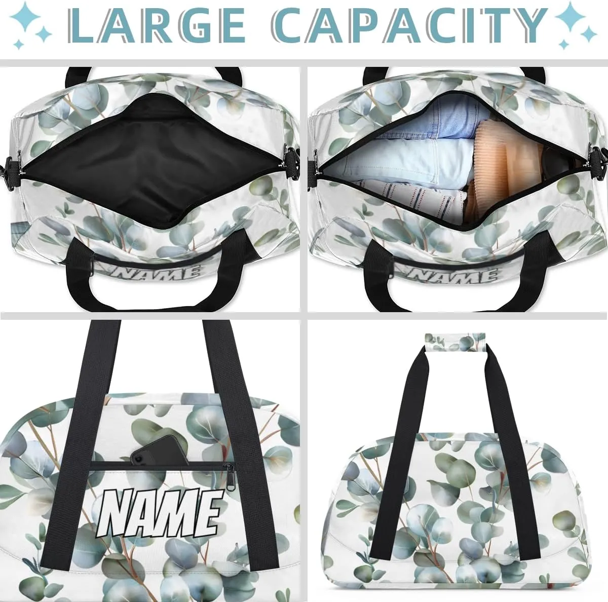 Personalized Custom Gym Bag for Women Men Carry on Sage Green Eucalyptus Travel Duffel Tote Summer Leaves Overnight Workout Weekender Bag
