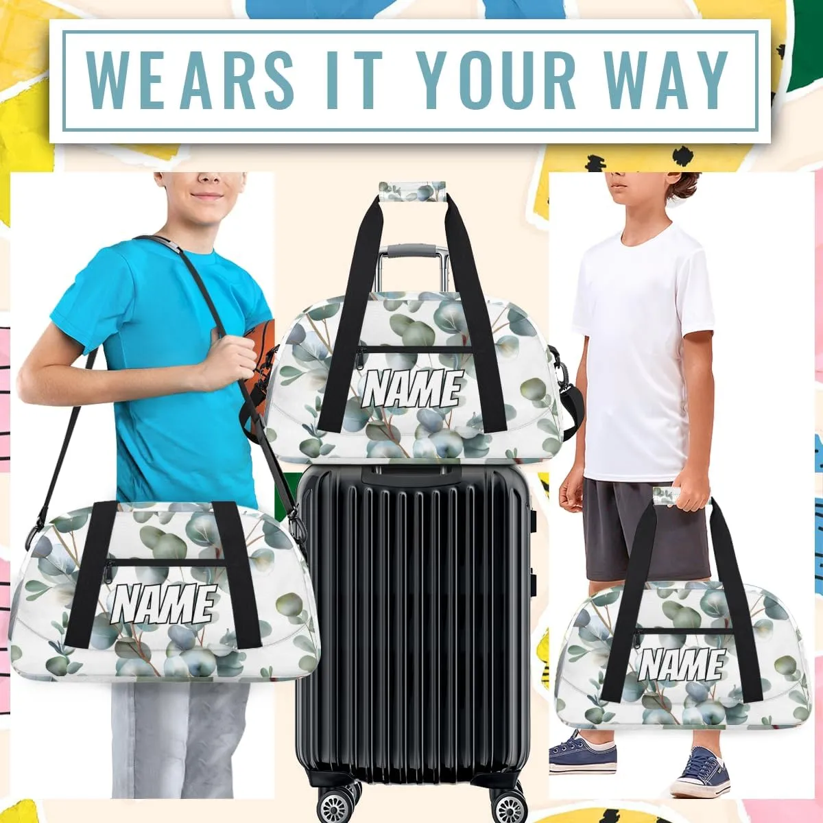Personalized Custom Gym Bag for Women Men Carry on Sage Green Eucalyptus Travel Duffel Tote Summer Leaves Overnight Workout Weekender Bag