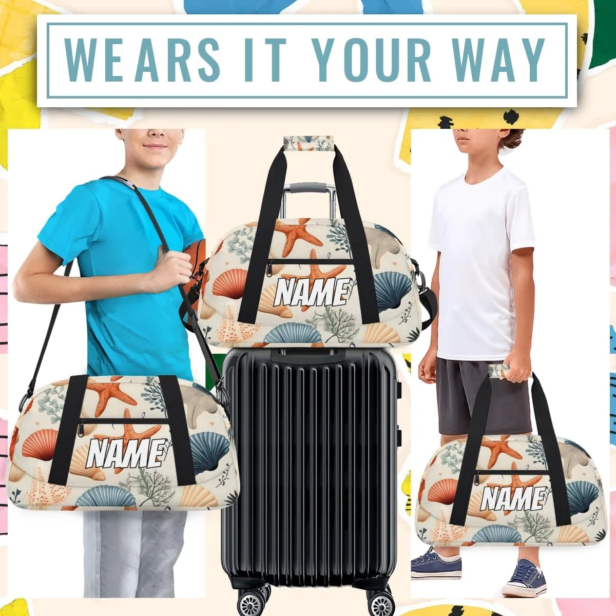 Personalized Custom Gym Bag for Women Men Carry on Starfish Seashell Travel Duffel Tote Coastal Beach Overnight Workout Weekender Bag