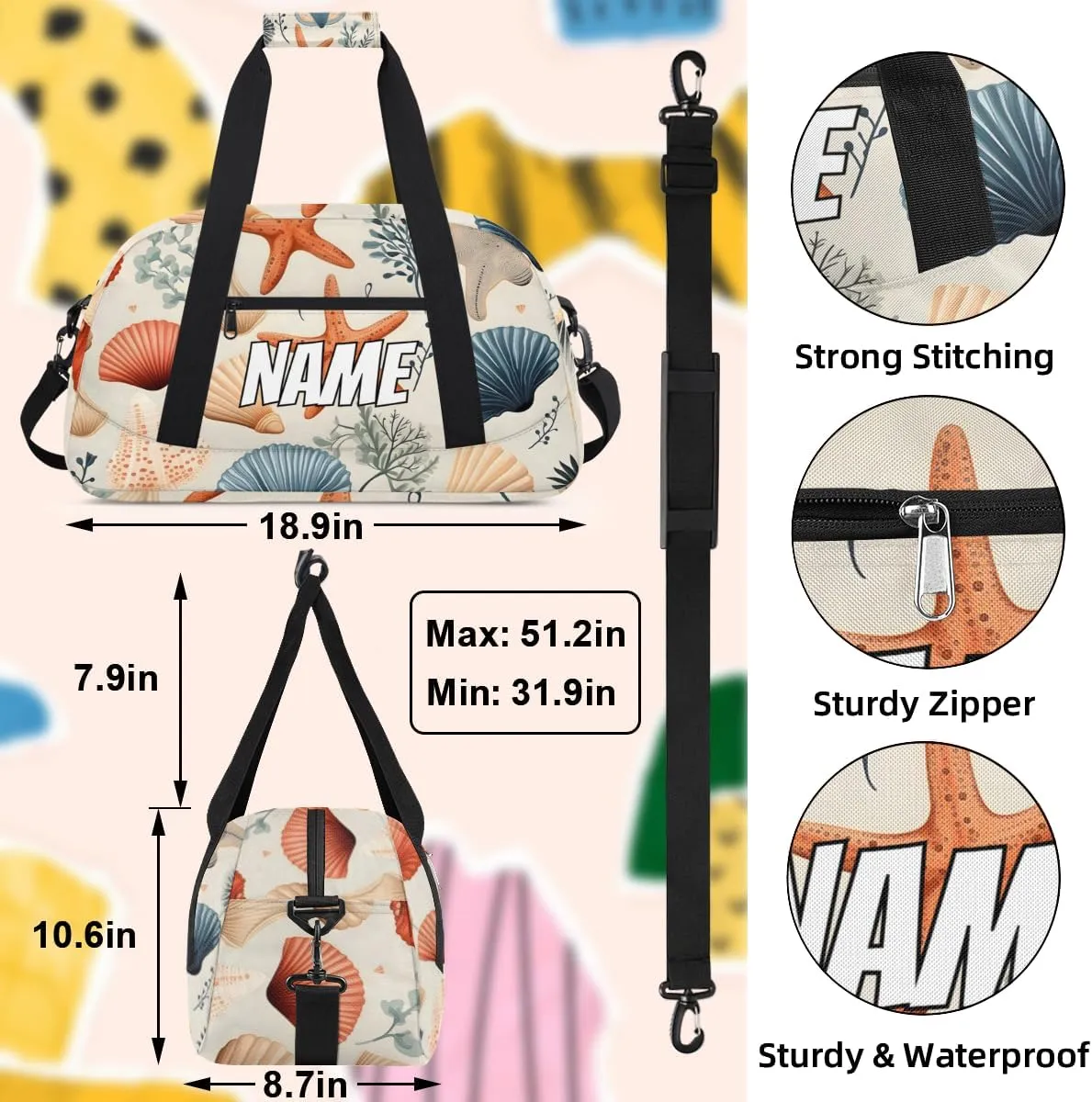 Personalized Custom Gym Bag for Women Men Carry on Starfish Seashell Travel Duffel Tote Coastal Beach Overnight Workout Weekender Bag