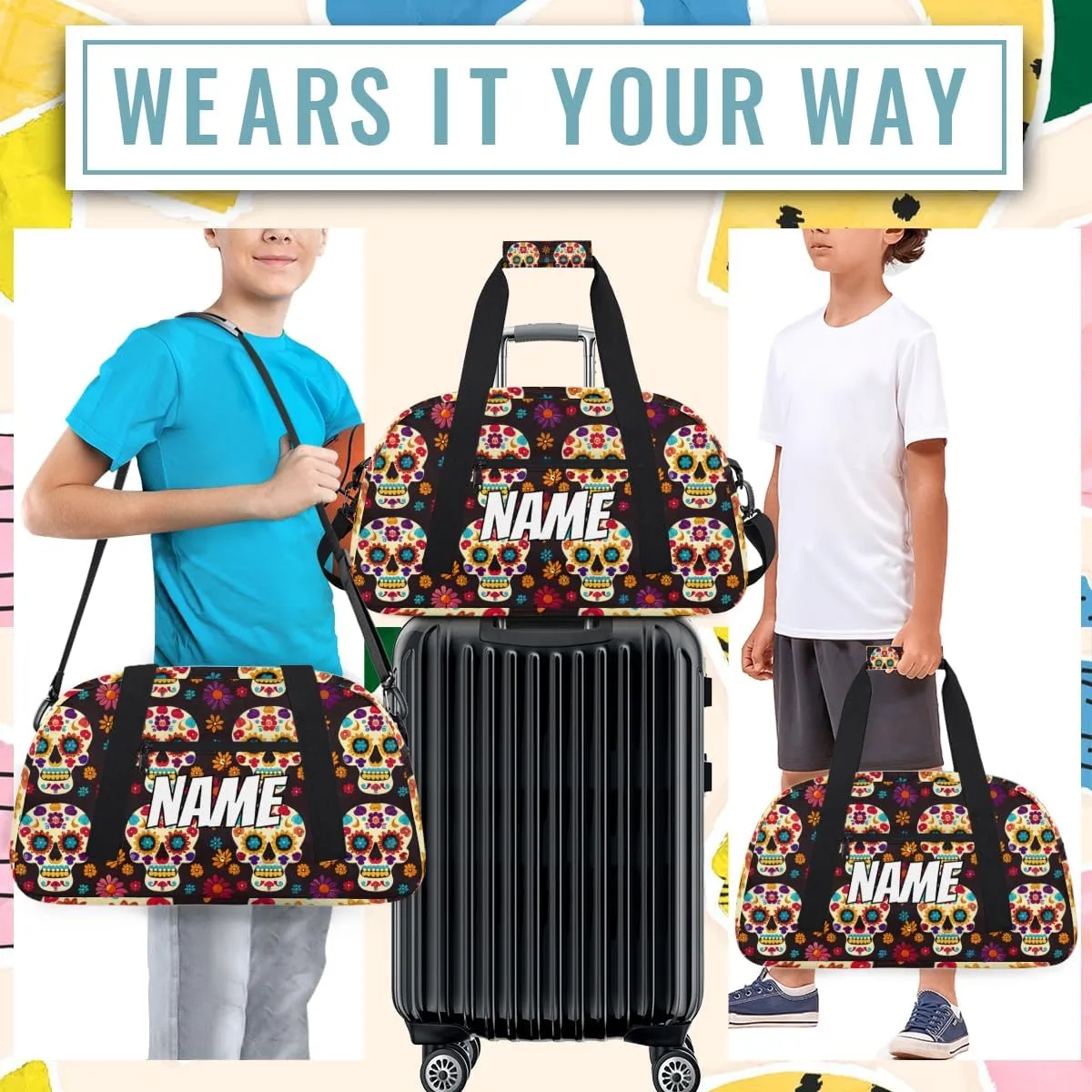 Personalized Custom Gym Bag for Women Men Carry on Sugar skull Travel Duffel Tote Dead Halloween Overnight Workout Weekender Bag