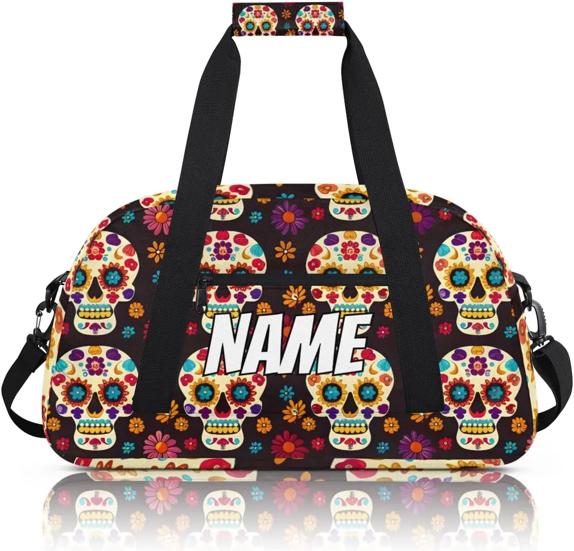 Personalized Custom Gym Bag for Women Men Carry on Sugar skull Travel Duffel Tote Dead Halloween Overnight Workout Weekender Bag
