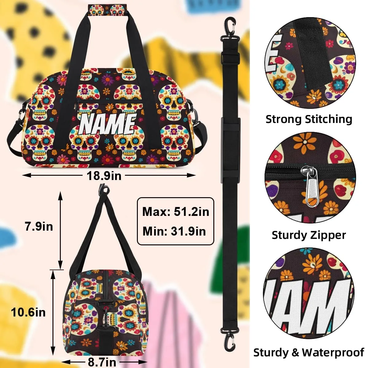 Personalized Custom Gym Bag for Women Men Carry on Sugar skull Travel Duffel Tote Dead Halloween Overnight Workout Weekender Bag