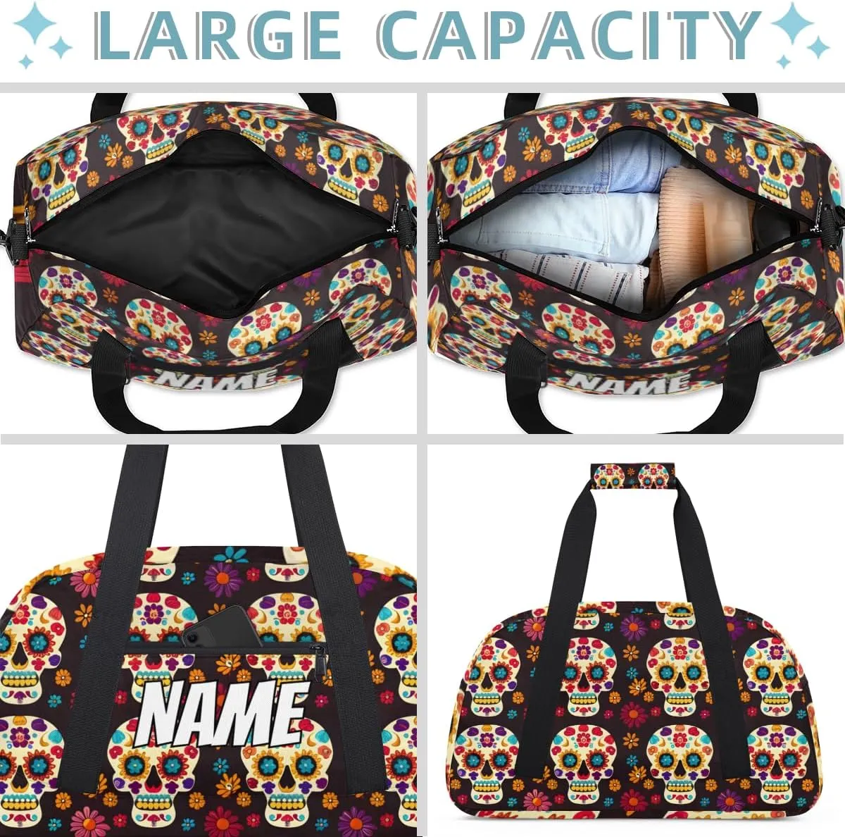 Personalized Custom Gym Bag for Women Men Carry on Sugar skull Travel Duffel Tote Dead Halloween Overnight Workout Weekender Bag