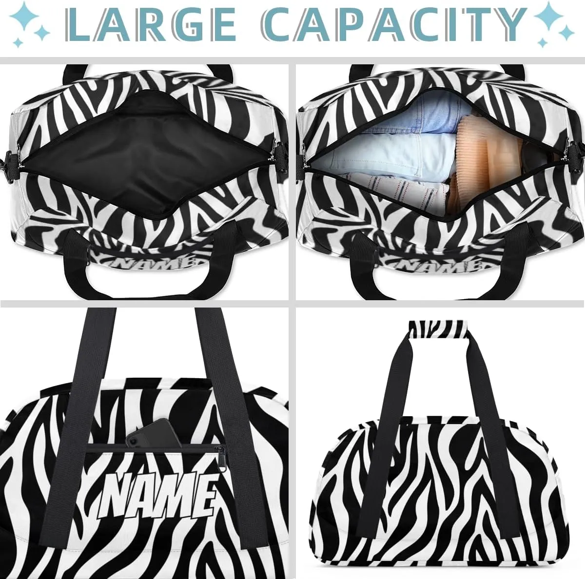 Personalized Custom Gym Bag for Women Men Carry on Zebra Print Travel Duffel Tote Skin Abstract Overnight Workout Weekender Bag