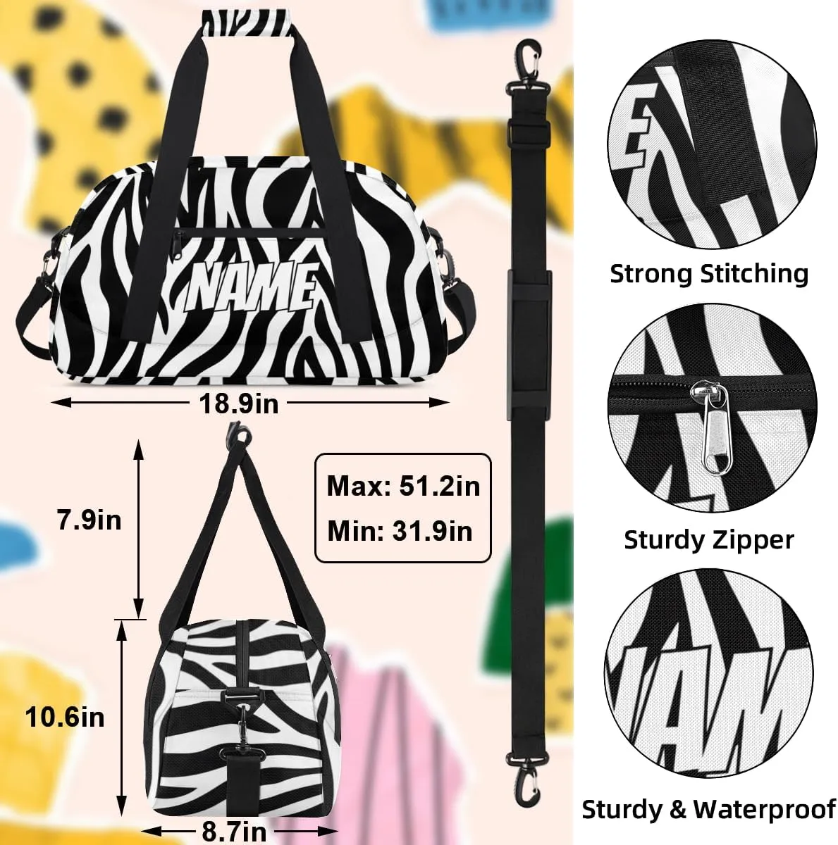 Personalized Custom Gym Bag for Women Men Carry on Zebra Print Travel Duffel Tote Skin Abstract Overnight Workout Weekender Bag