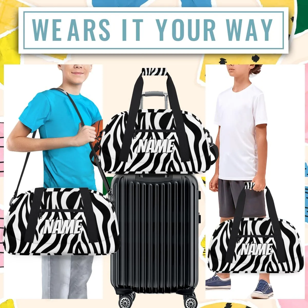 Personalized Custom Gym Bag for Women Men Carry on Zebra Print Travel Duffel Tote Skin Abstract Overnight Workout Weekender Bag