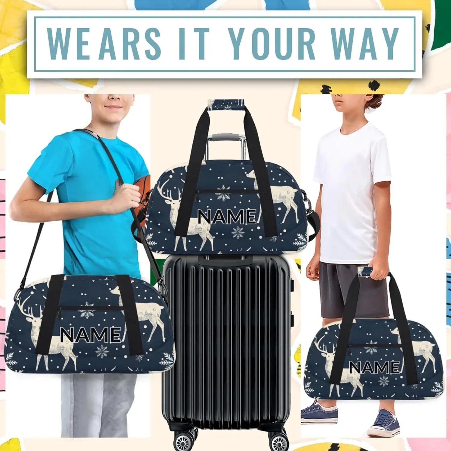 Personalized Custom Rustic Deer Gym Bag for Women Men Carry on Travel Duffel Tote Misty Forest Overnight Workout Weekender Bag