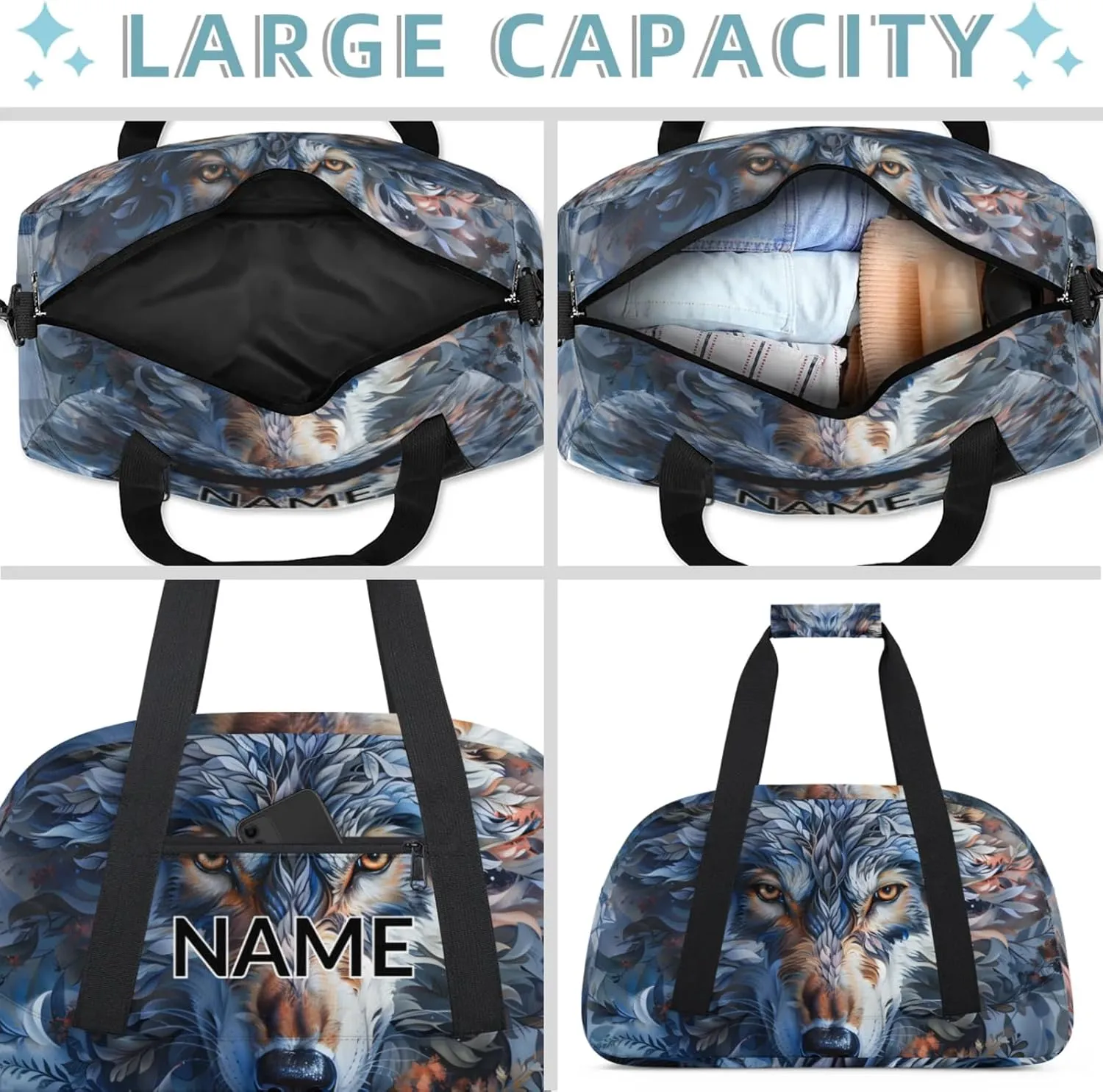 Personalized Custom Wolf Gym Bag for Women Men Carry on Travel Duffel Tote Wildlife Animal Overnight Workout Weekender Bag