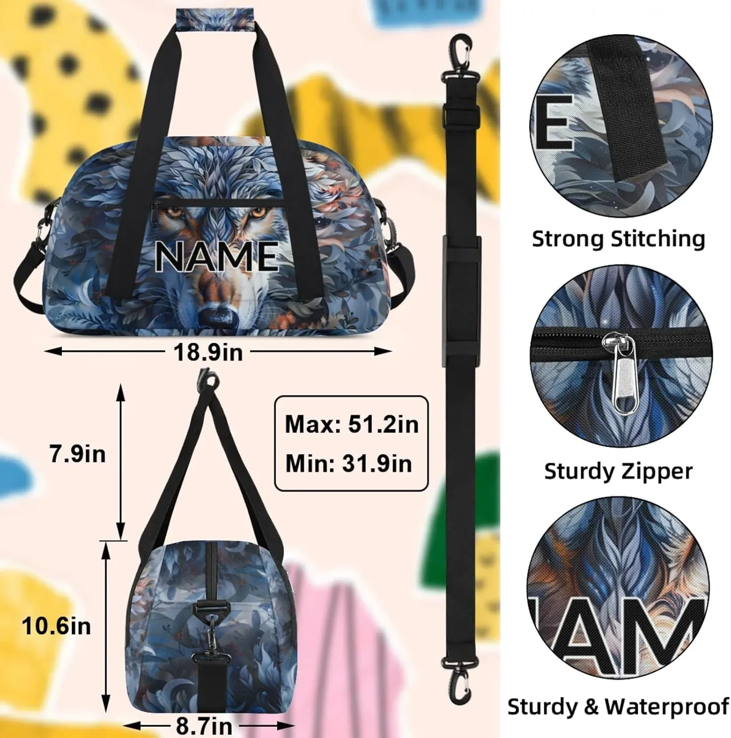 Personalized Custom Wolf Gym Bag for Women Men Carry on Travel Duffel Tote Wildlife Animal Overnight Workout Weekender Bag