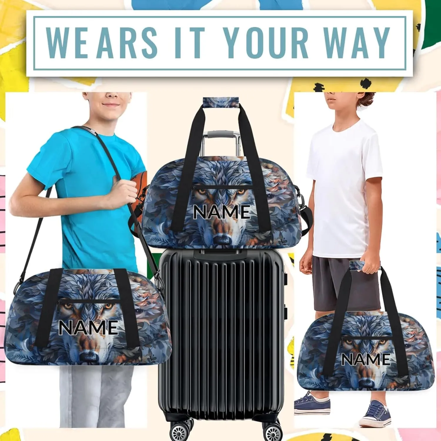 Personalized Custom Wolf Gym Bag for Women Men Carry on Travel Duffel Tote Wildlife Animal Overnight Workout Weekender Bag