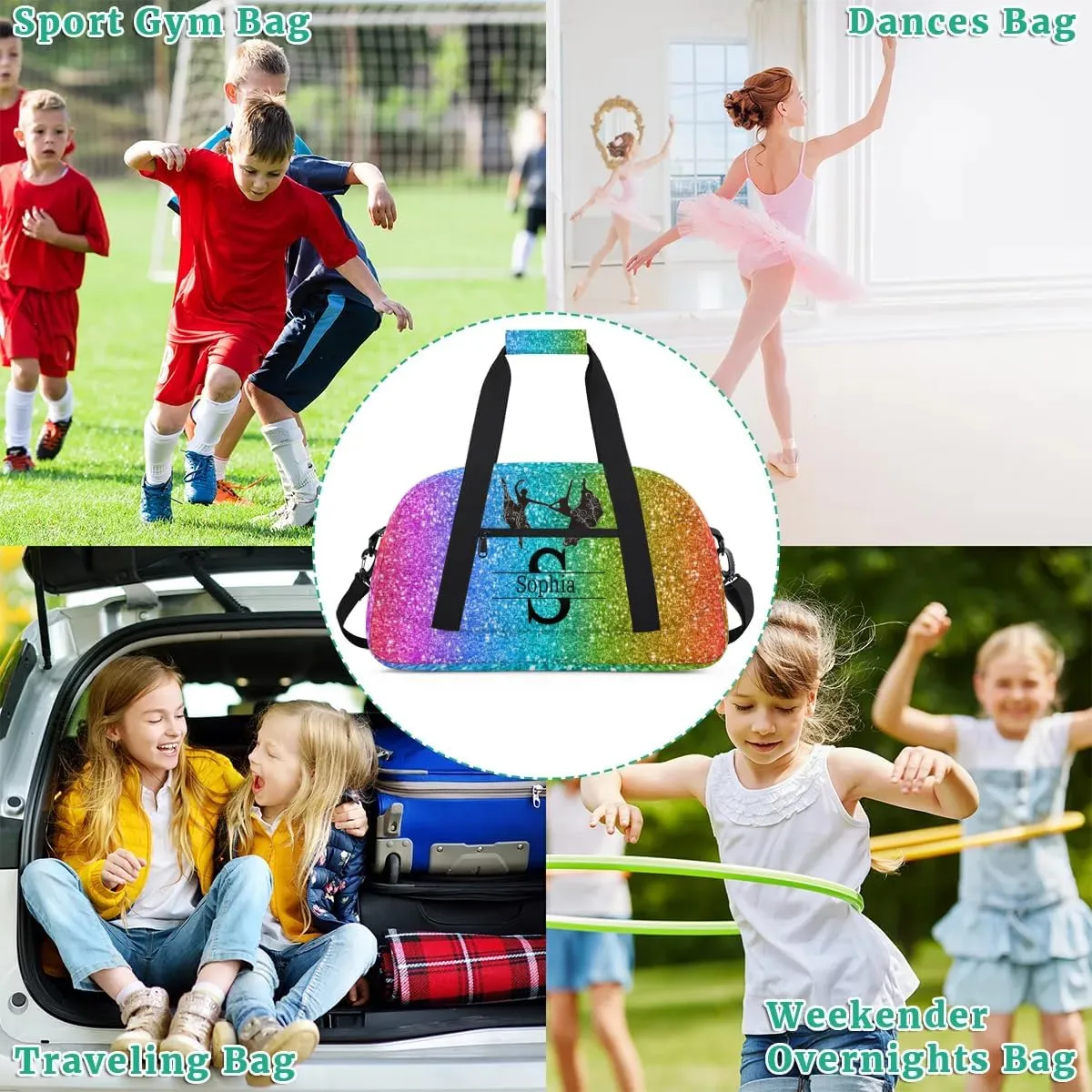 Personalized Dance Bag, Deep Colorful Glittering Cheerleader Bag Gym Sport Duffel Bag Weekender Bags Travel Bag, Dark Rainbow Color