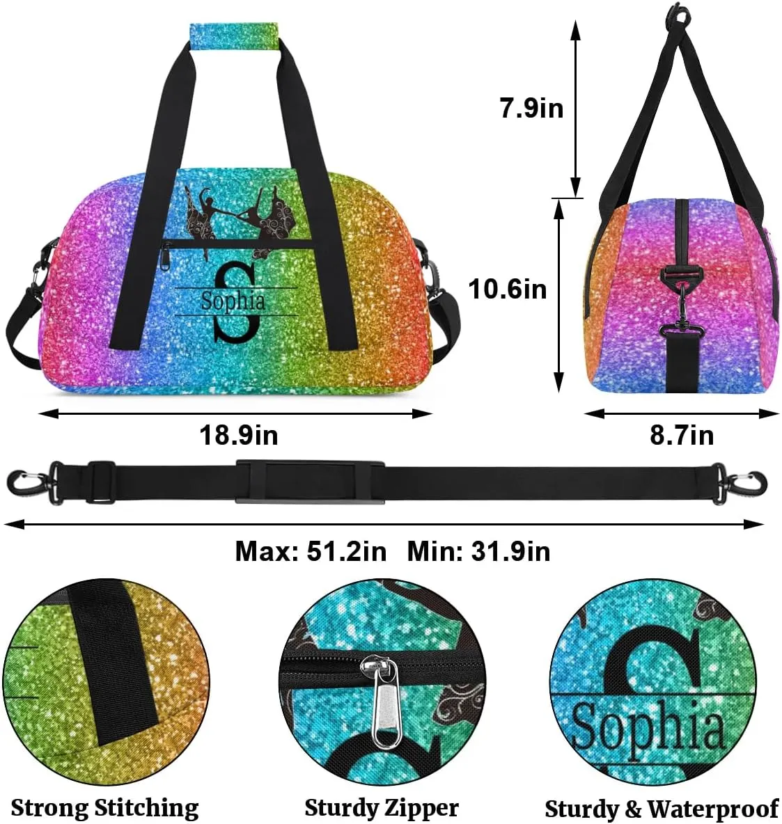 Personalized Dance Bag, Deep Colorful Glittering Cheerleader Bag Gym Sport Duffel Bag Weekender Bags Travel Bag, Dark Rainbow Color