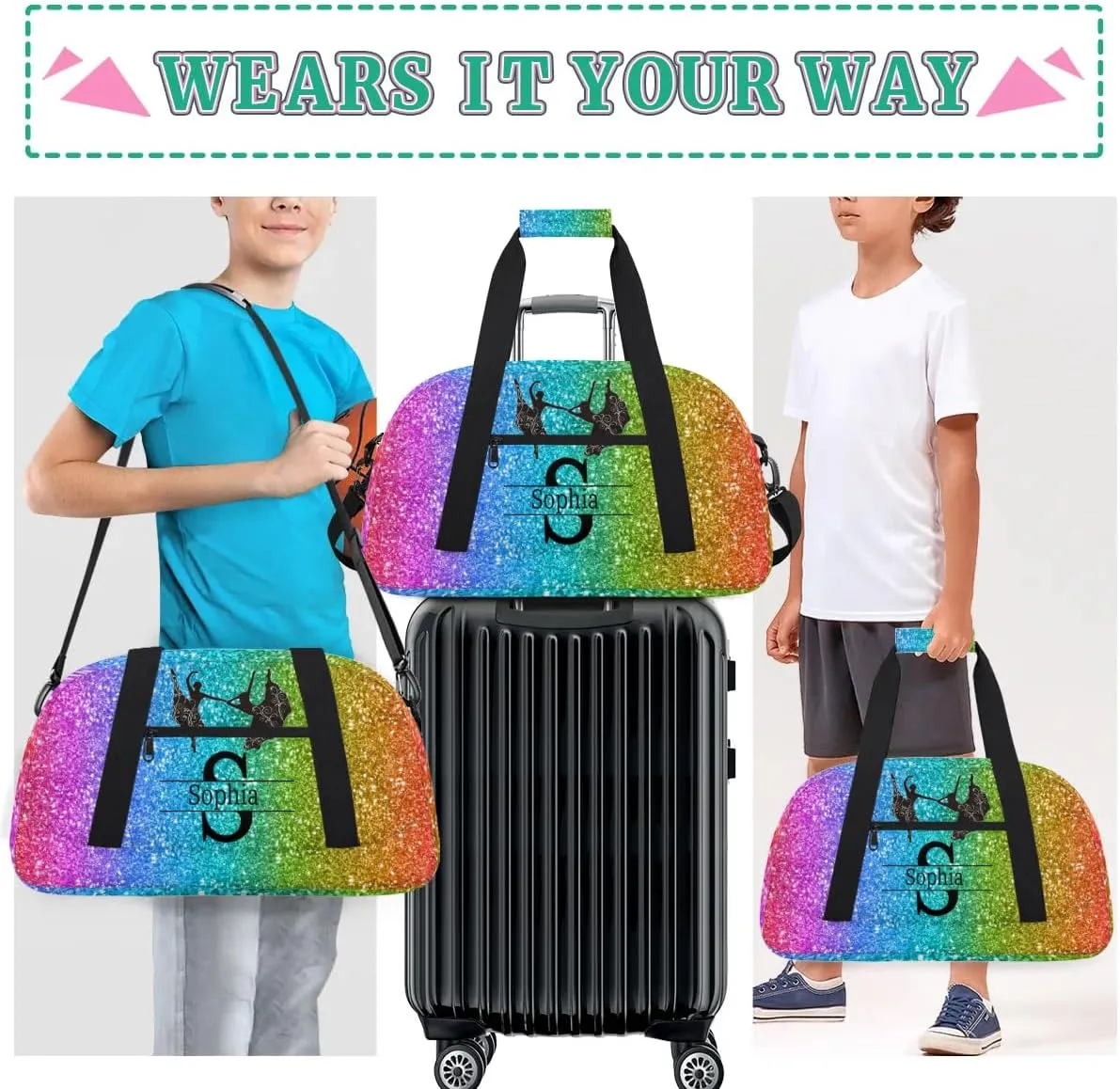 Personalized Dance Bag, Deep Colorful Glittering Cheerleader Bag Gym Sport Duffel Bag Weekender Bags Travel Bag, Dark Rainbow Color