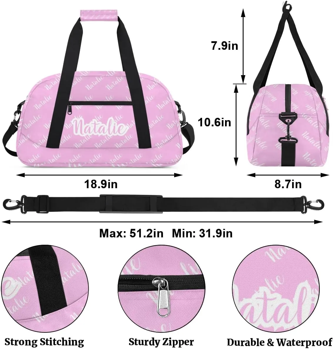Personalized Dance Bag Duffel Bag for Girl & Boy, Custom Sport Gym Bag Ballet Bag Weekender Bags Travel Bag Name Pink