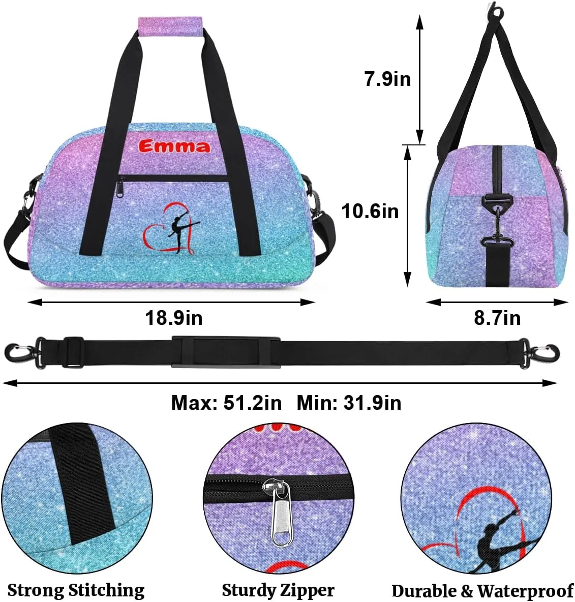 Personalized Dance Bag Gym Bag, Large Custom Sport Duffel Bag Weekender Bag Travel Duffel Bag Purple Blue Glitter Gymnastics Silhouette for Adult