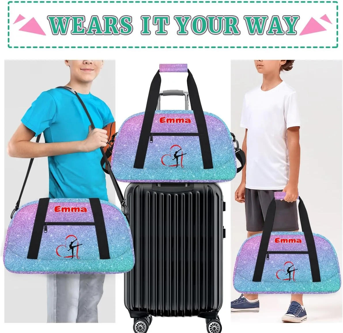 Personalized Dance Bag Gym Bag, Large Custom Sport Duffel Bag Weekender Bag Travel Duffel Bag Purple Blue Glitter Gymnastics Silhouette for Adult
