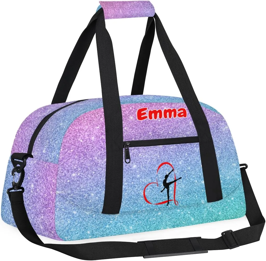 Personalized Dance Bag Gym Bag, Large Custom Sport Duffel Bag Weekender Bag Travel Duffel Bag Purple Blue Glitter Gymnastics Silhouette for Adult