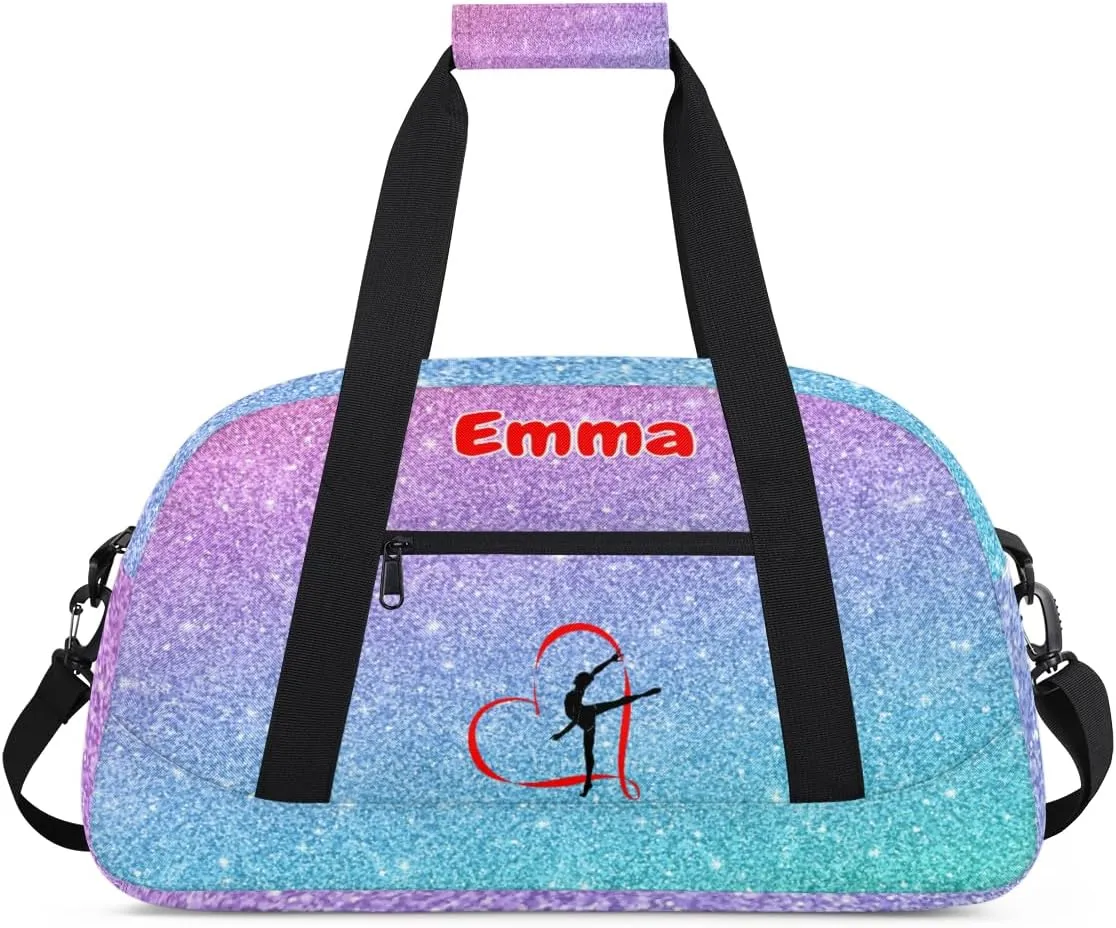 Personalized Dance Bag Gym Bag, Large Custom Sport Duffel Bag Weekender Bag Travel Duffel Bag Purple Blue Glitter Gymnastics Silhouette for Adult