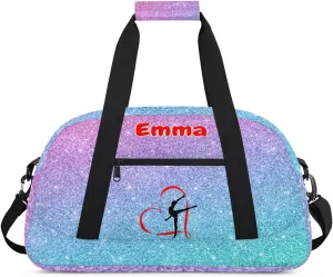 Personalized Dance Bag Gym Bag, Large Custom Sport Duffel Bag Weekender Bag Travel Duffel Bag Purple Blue Glitter Gymnastics Silhouette for Adult