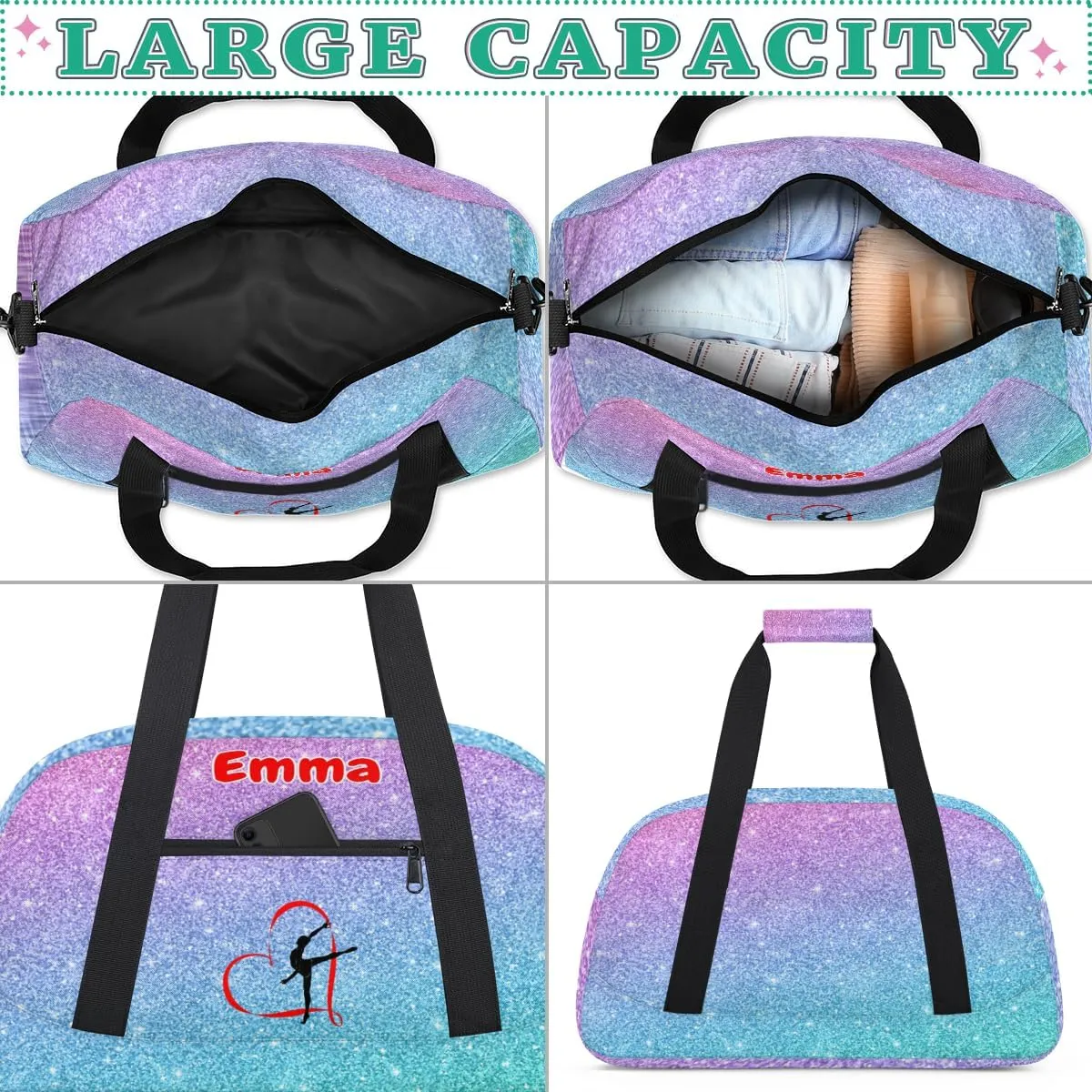 Personalized Dance Bag Gym Bag, Large Custom Sport Duffel Bag Weekender Bag Travel Duffel Bag Purple Blue Glitter Gymnastics Silhouette for Adult