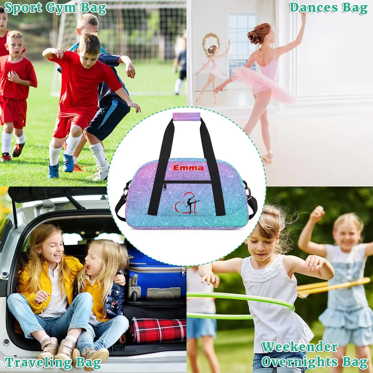 Personalized Dance Bag Gym Bag, Large Custom Sport Duffel Bag Weekender Bag Travel Duffel Bag Purple Blue Glitter Gymnastics Silhouette for Adult