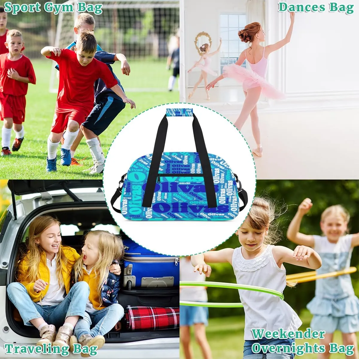 Personalized Dance Bag Gymnastics Bag for Girl, Custom Sport Duffel Bag for Boy, Kids Gym Bag Weekender Bags for Travel Sport Blue Green