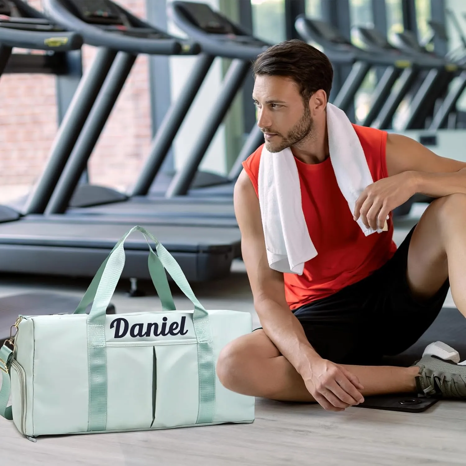 Personalized Duffel Bag Embroidered Name Text Custom Sport Gym Bags Travel With Wet Dry Pockets & Shoe Weekend Travel Bag Overnight Bag for Women Men-Green
