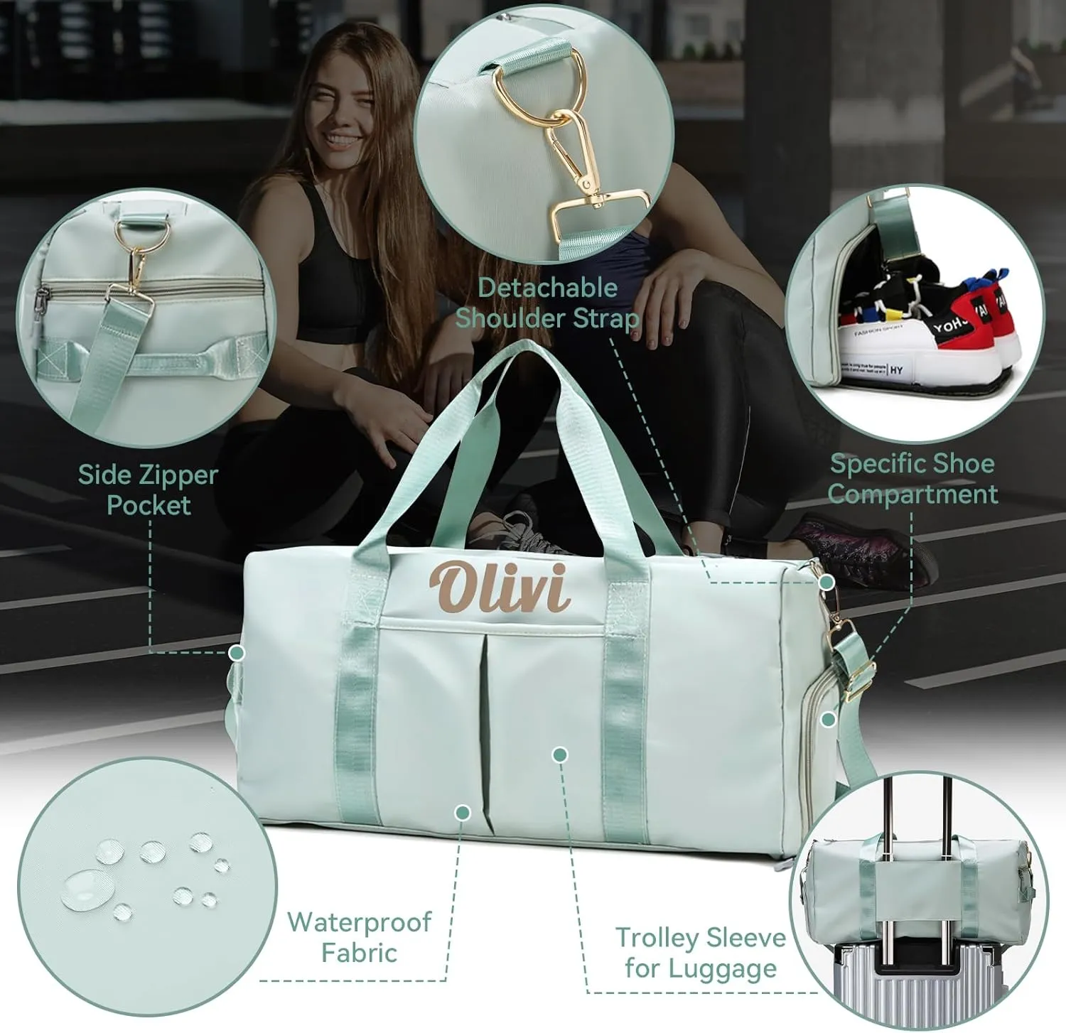 Personalized Duffel Bag Embroidered Name Text Custom Sport Gym Bags Travel With Wet Dry Pockets & Shoe Weekend Travel Bag Overnight Bag for Women Men-Green