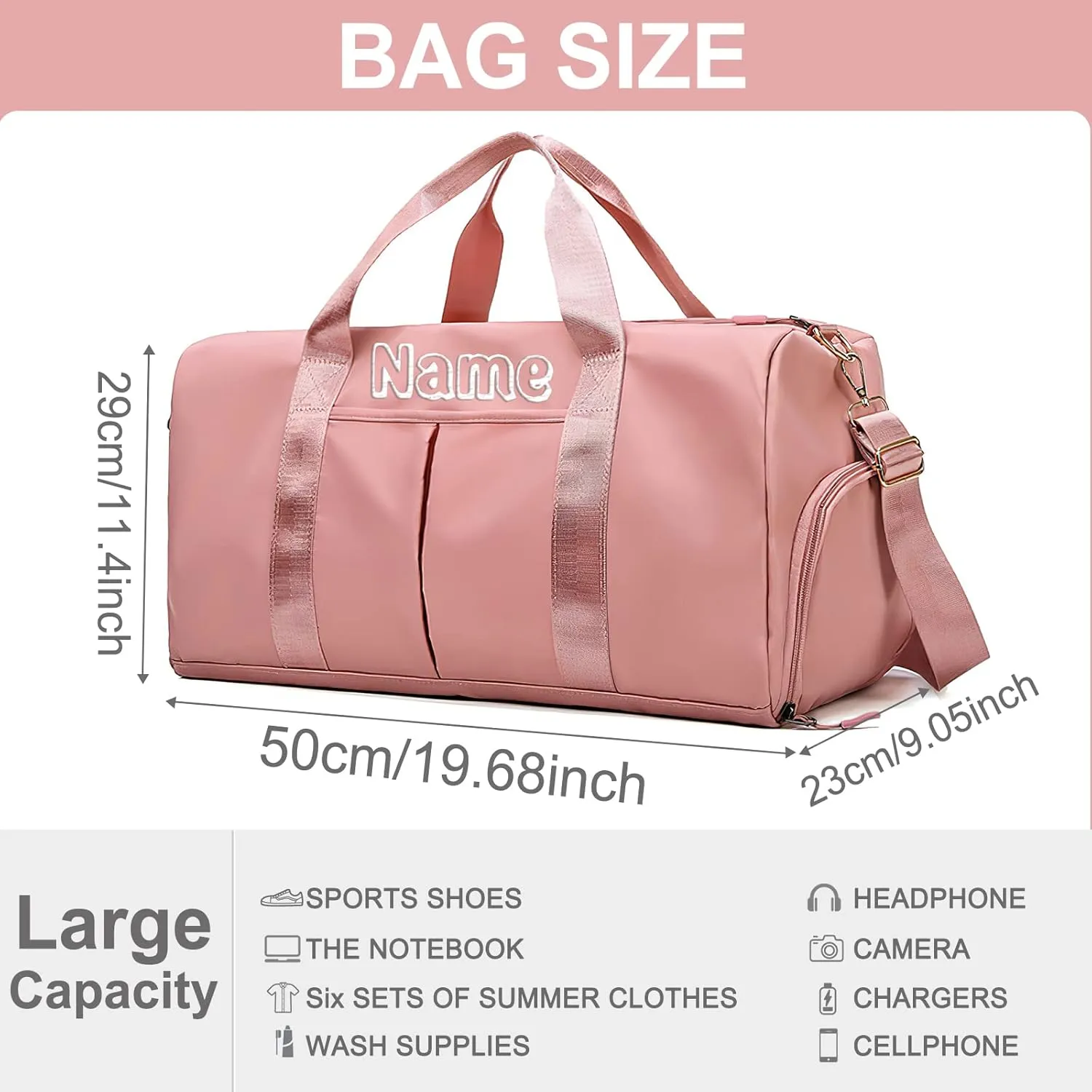 Personalized Duffel Bags Name Embroidered Custom Overnight Bag Customized Weekender Travel Bags with Wet Dry Pockets & Shoe Compartment Sports Gym Bag for Women Men, Pink