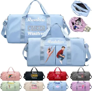 Personalized Duffle Bag Printed with Name Photo, Custom Duffle Gym Bags with Wet Dry Pockets & Shoe for Dance Sport Yoga,Personalized Gym Bag for Women Men,Personalized Travel Bag Blue