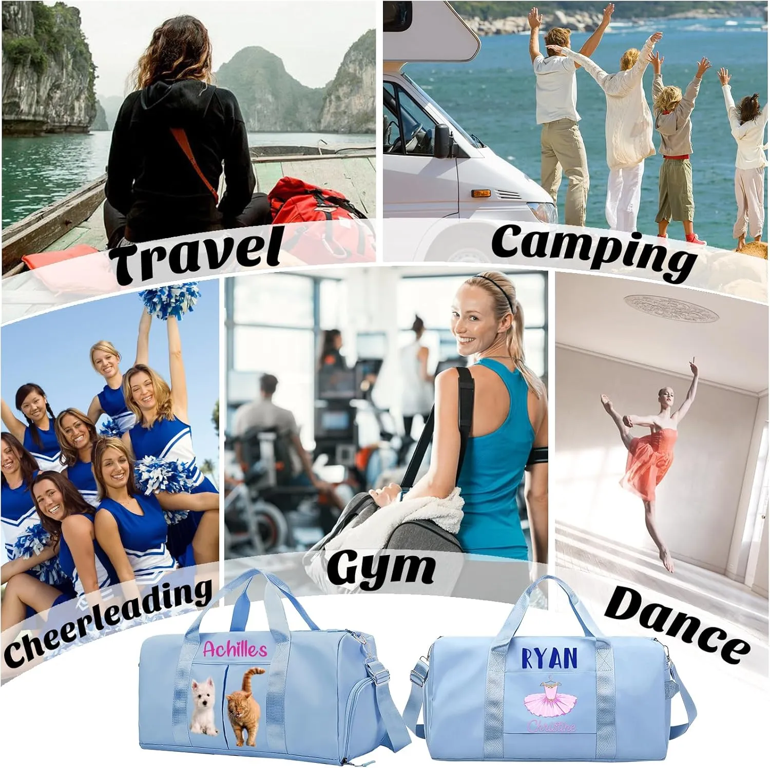 Personalized Duffle Bag Printed with Name Photo, Custom Duffle Gym Bags with Wet Dry Pockets & Shoe for Dance Sport Yoga,Personalized Gym Bag for Women Men,Personalized Travel Bag Blue