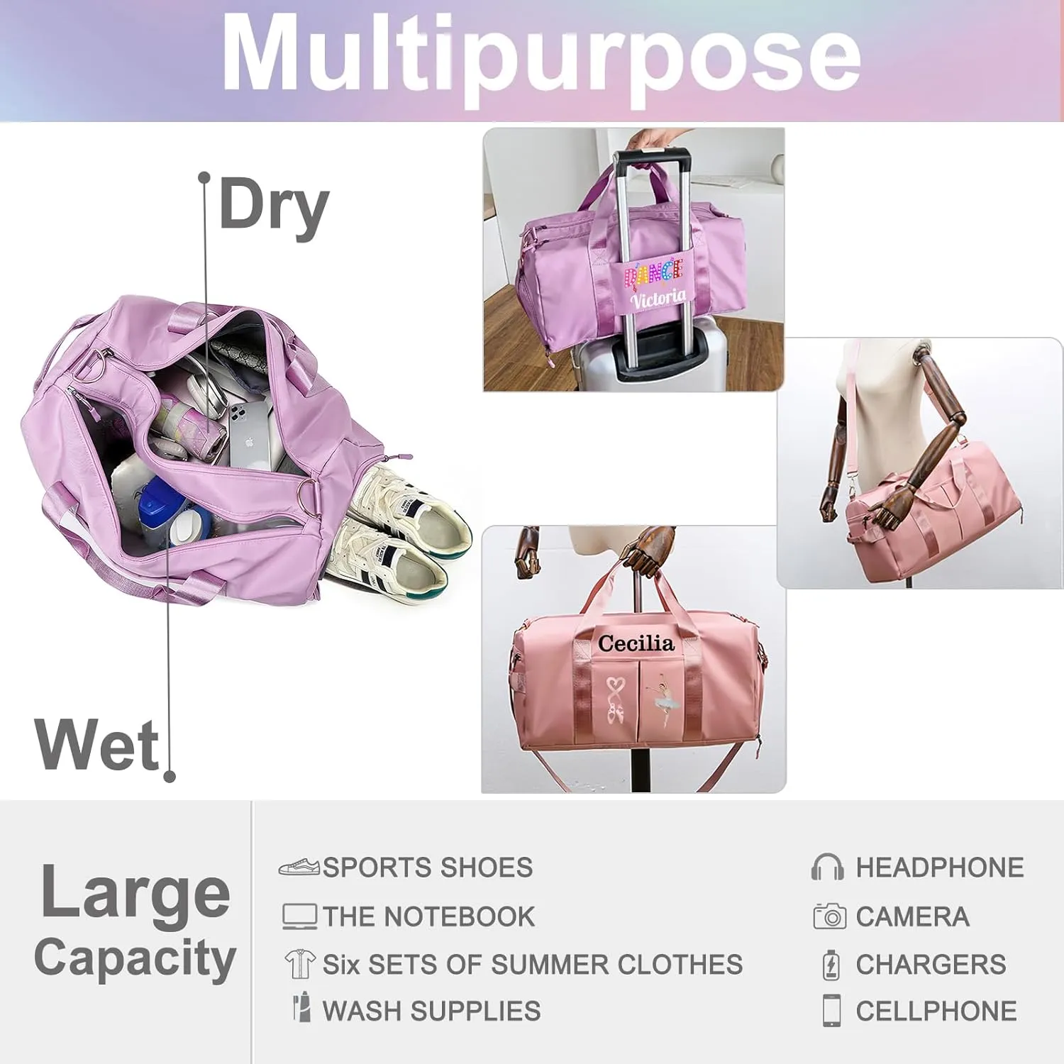 Personalized Duffle Bag Printed with Name Photo, Custom Duffle Gym Bags with Wet Dry Pockets & Shoe for Dance Sport Yoga,Personalized Gym Bag for Women Men,Personalized Travel Bag Blue