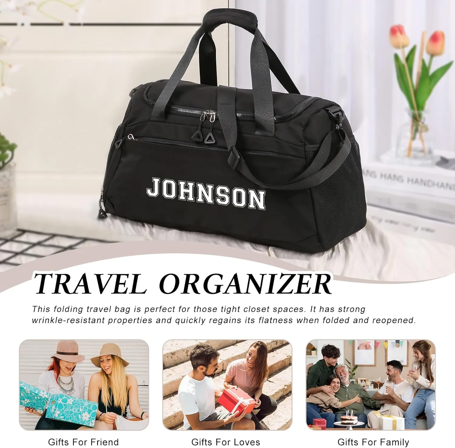 Personalized Gym Bag Custom Name Gym Bags for Men Women duffle bag for travel Weekend Sport Bag Carry On Bags for Airplanes Black Pink Purple 18x10x9 Inches