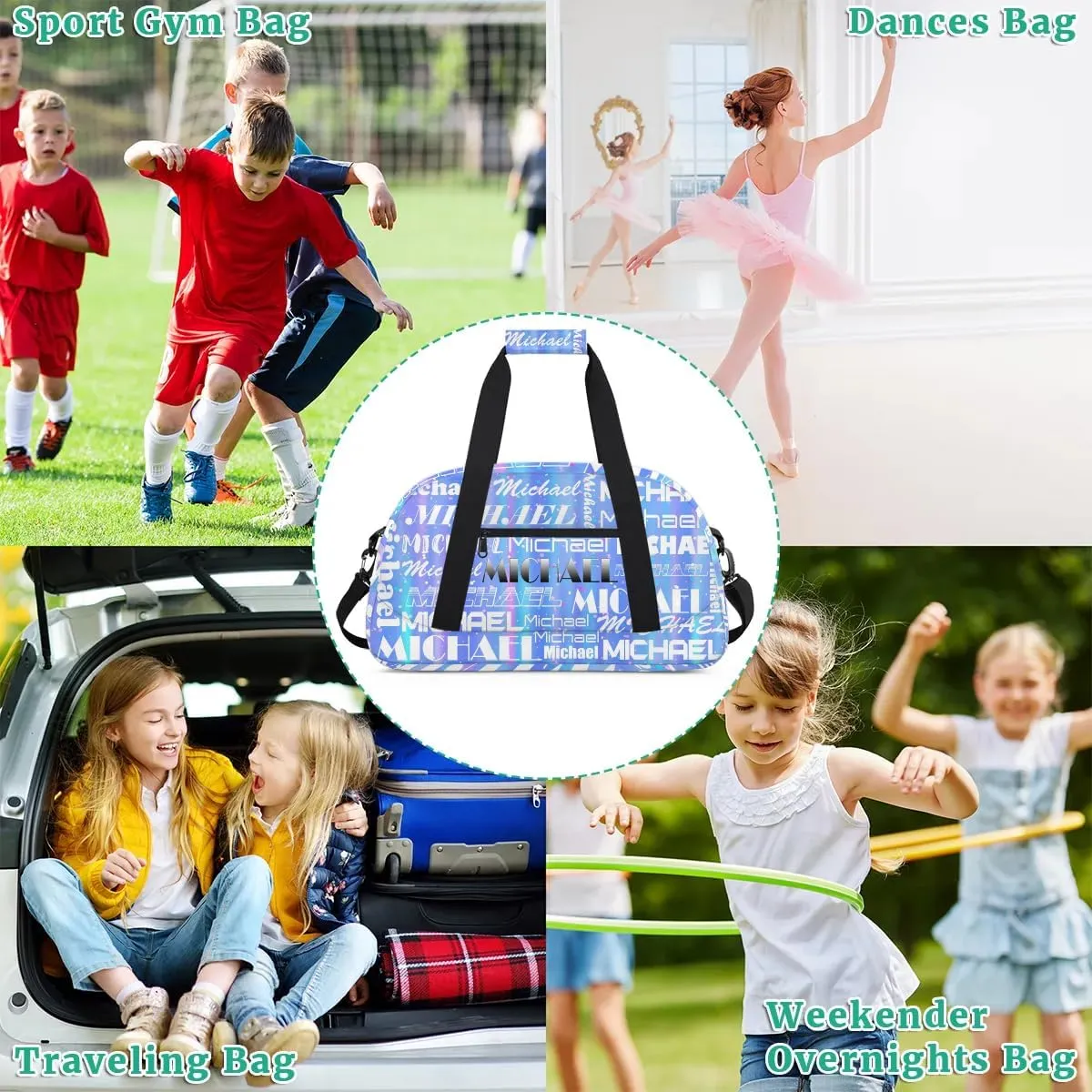 Personalized Gym Bag with Name Blue Custom Gym Bag Sport Duffel Bag for Women, Customized Gymnastics Ballet Dance Bag Overnight Weekender Bag
