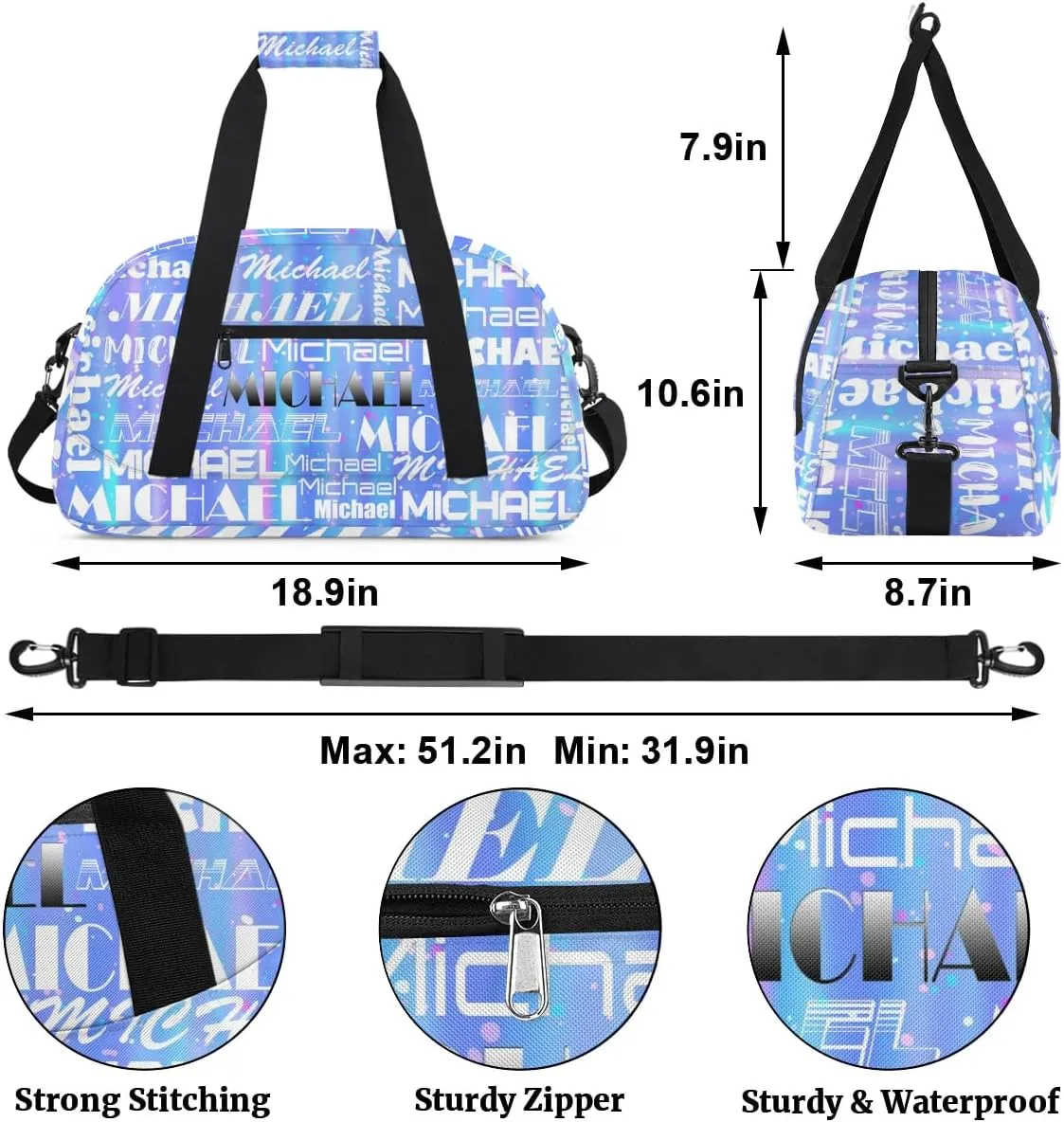 Personalized Gym Bag with Name Blue Custom Gym Bag Sport Duffel Bag for Women, Customized Gymnastics Ballet Dance Bag Overnight Weekender Bag