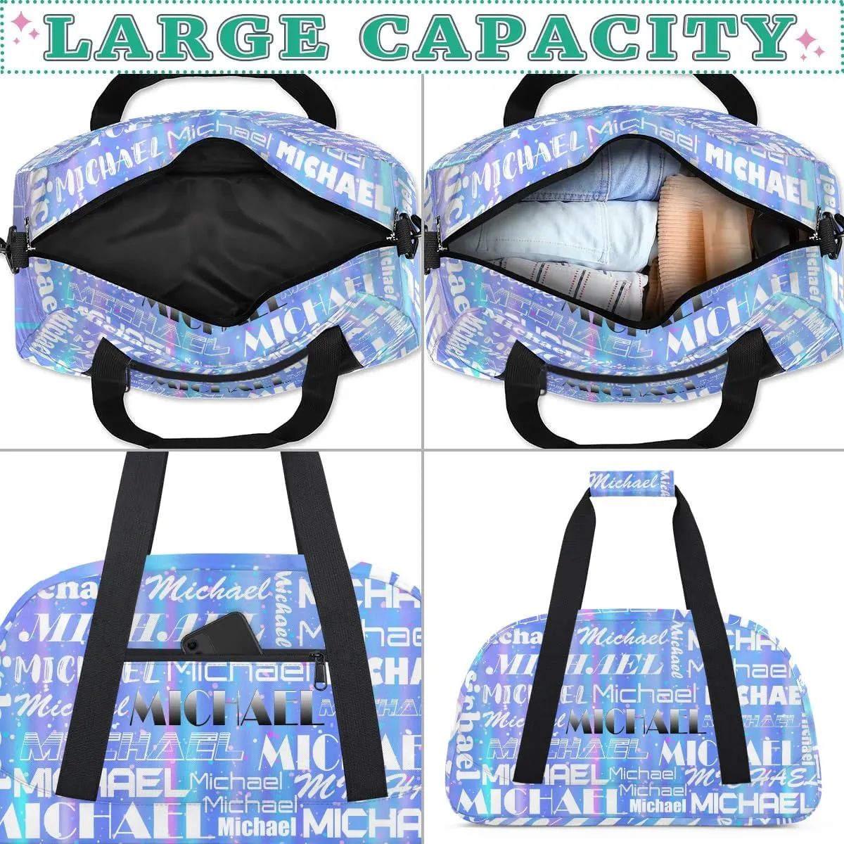 Personalized Gym Bag with Name Blue Custom Gym Bag Sport Duffel Bag for Women, Customized Gymnastics Ballet Dance Bag Overnight Weekender Bag