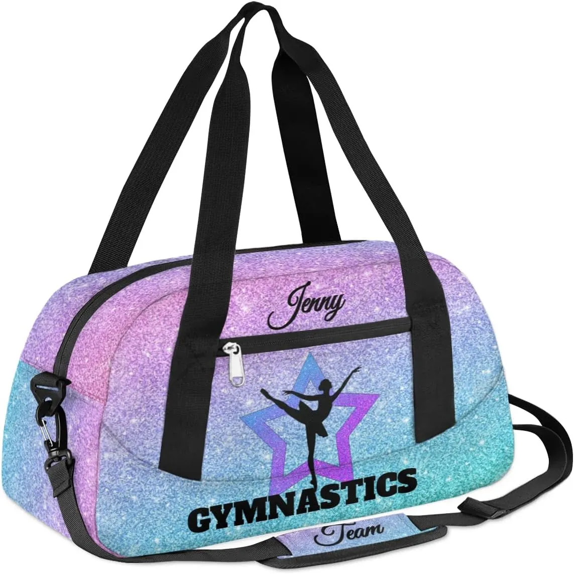 Personalized Gymnastics Dance Bag for Girls, Customized Kids Overnighter Duffle Bag for Gym,Travel Sport Weekender Bags with Name Text Logo Team Gifts,Glitter