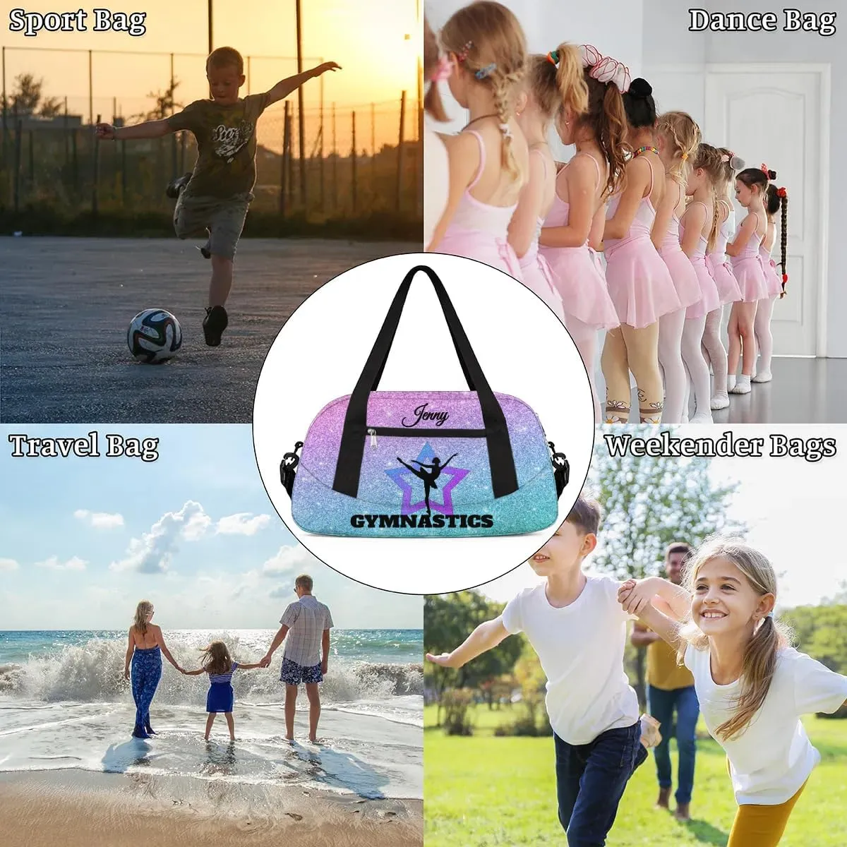 Personalized Gymnastics Dance Bag for Girls, Customized Kids Overnighter Duffle Bag for Gym,Travel Sport Weekender Bags with Name Text Logo Team Gifts,Glitter