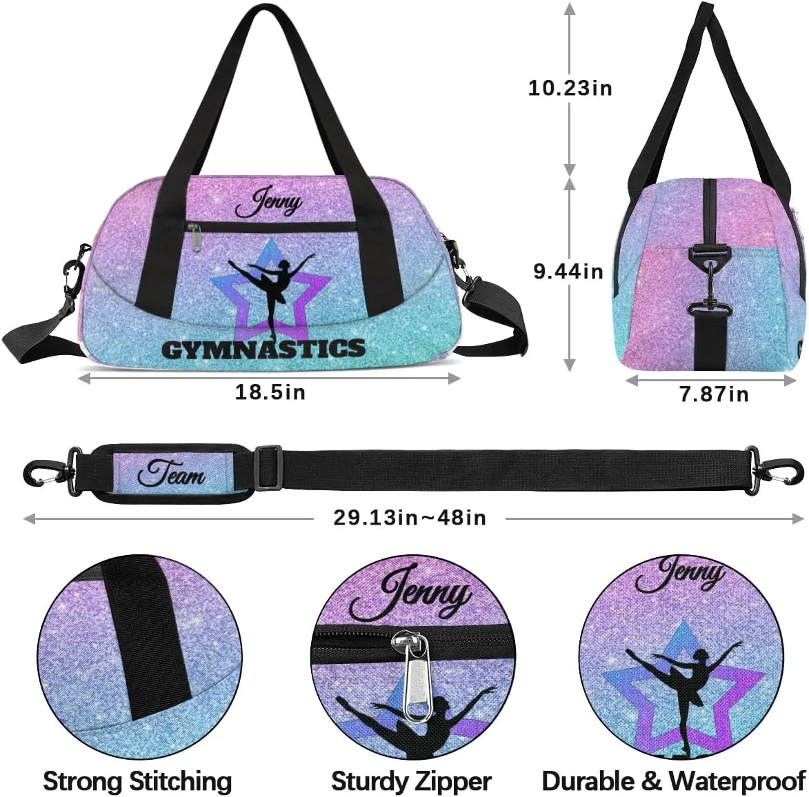 Personalized Gymnastics Dance Bag for Girls, Customized Kids Overnighter Duffle Bag for Gym,Travel Sport Weekender Bags with Name Text Logo Team Gifts,Glitter