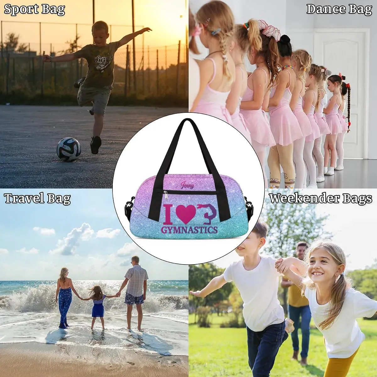 Personalized Gymnastics Dance Bag for Girls, Customized Kids Sport Overnighter Duffle Bag,Travel Weekender Bags with Name Text Logo Team Gifts,Glitter