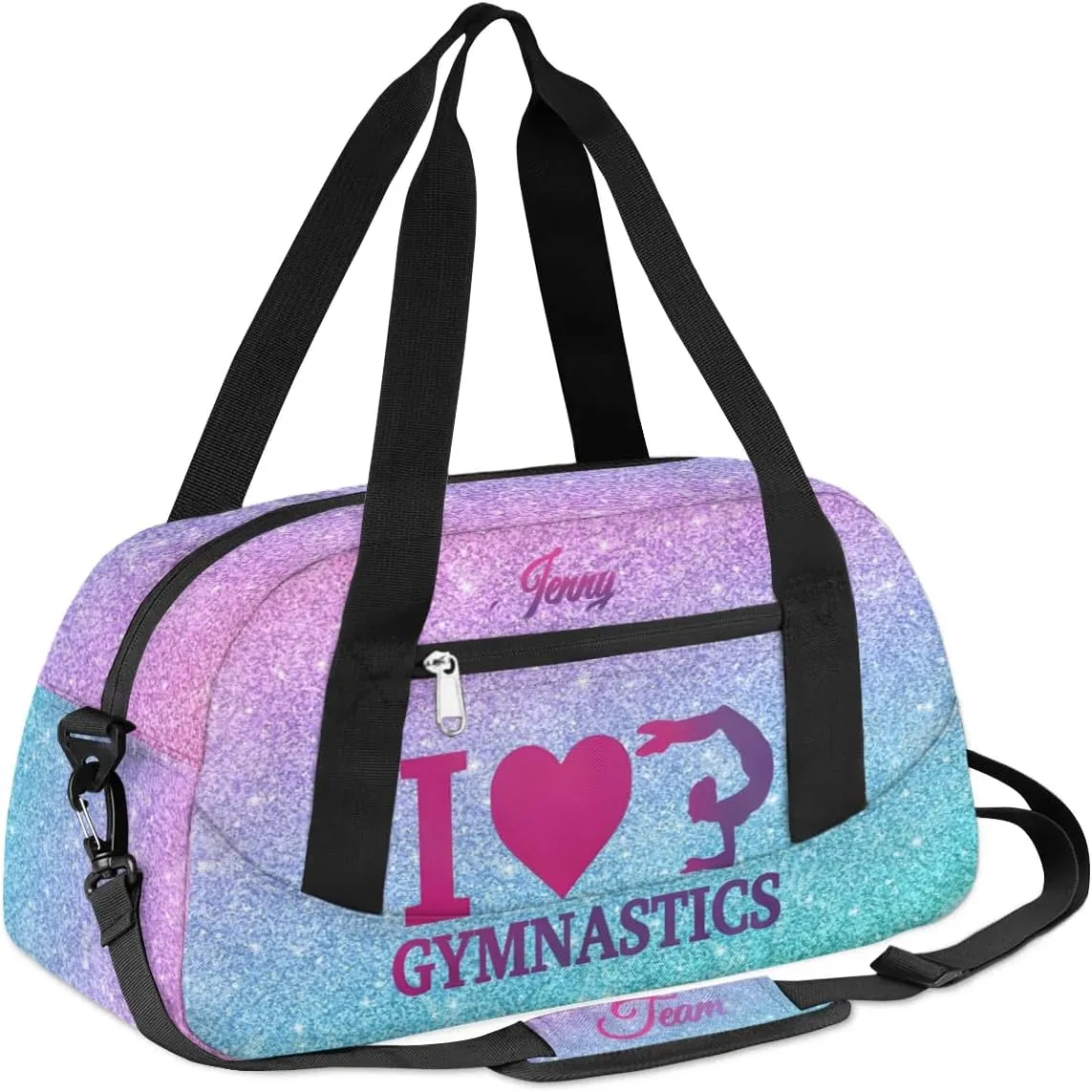 Personalized Gymnastics Dance Bag for Girls, Customized Kids Sport Overnighter Duffle Bag,Travel Weekender Bags with Name Text Logo Team Gifts,Glitter
