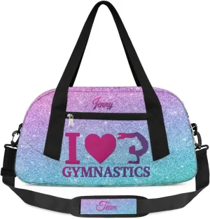 Personalized Gymnastics Dance Bag for Girls, Customized Kids Sport Overnighter Duffle Bag,Travel Weekender Bags with Name Text Logo Team Gifts,Glitter