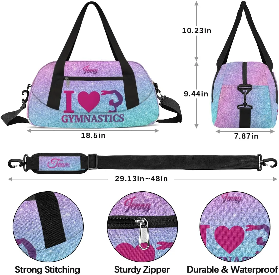 Personalized Gymnastics Dance Bag for Girls, Customized Kids Sport Overnighter Duffle Bag,Travel Weekender Bags with Name Text Logo Team Gifts,Glitter