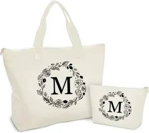 Personalized Initial Canvas Tote Bag with Zipper, Present Bag with Inner Pocket & Make Up Bag, Great Gifts for Women, Mom, Teachers, Friends, Bridesmaids